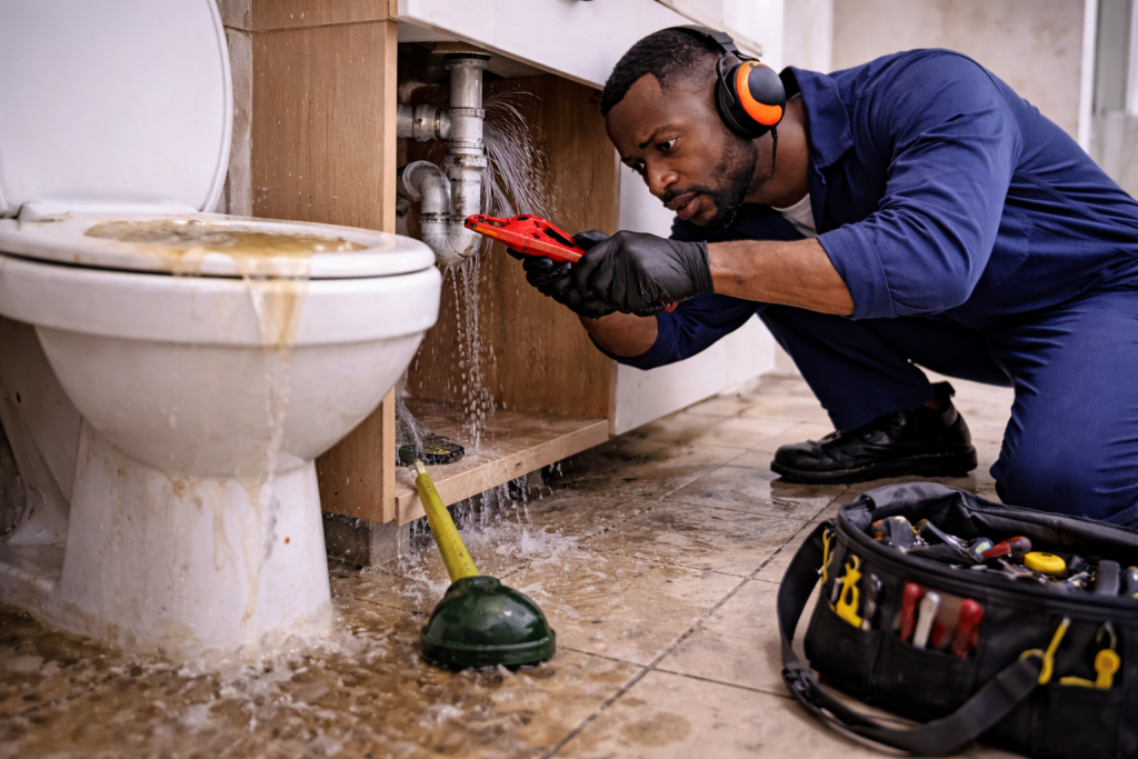 Emergency plumber in Brackenfell fixing burst pipe and blocked toilet