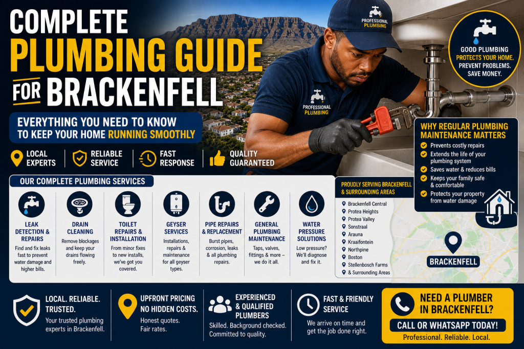 Complete plumbing guide Brackenfell homeowners with plumber inspecting pipes and preventing leaks